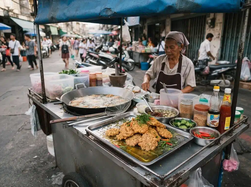 Stand de street food thaïlandaise proposant des galettes de poisson tod man pla