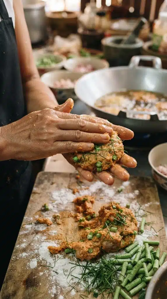 Travailler la pâte de poisson jusqu’à texture collante puis façonner les galettes de tod man pla
