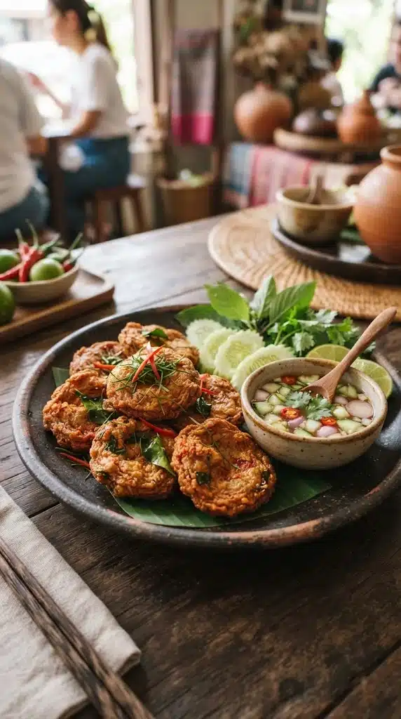 Tod man pla thaïlandais, galettes de poisson dorées servies avec concombre et sauce aigre-douce