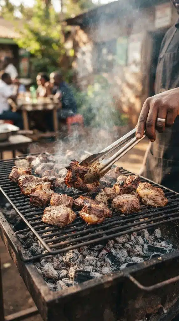 Retourner lentement la viande sur des braises régulières pour préparer le nyama choma kenyan