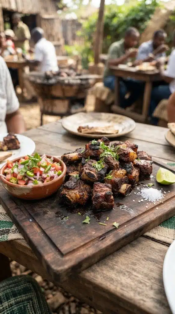 Nyama choma kenyan, viande grillée servie avec kachumbari