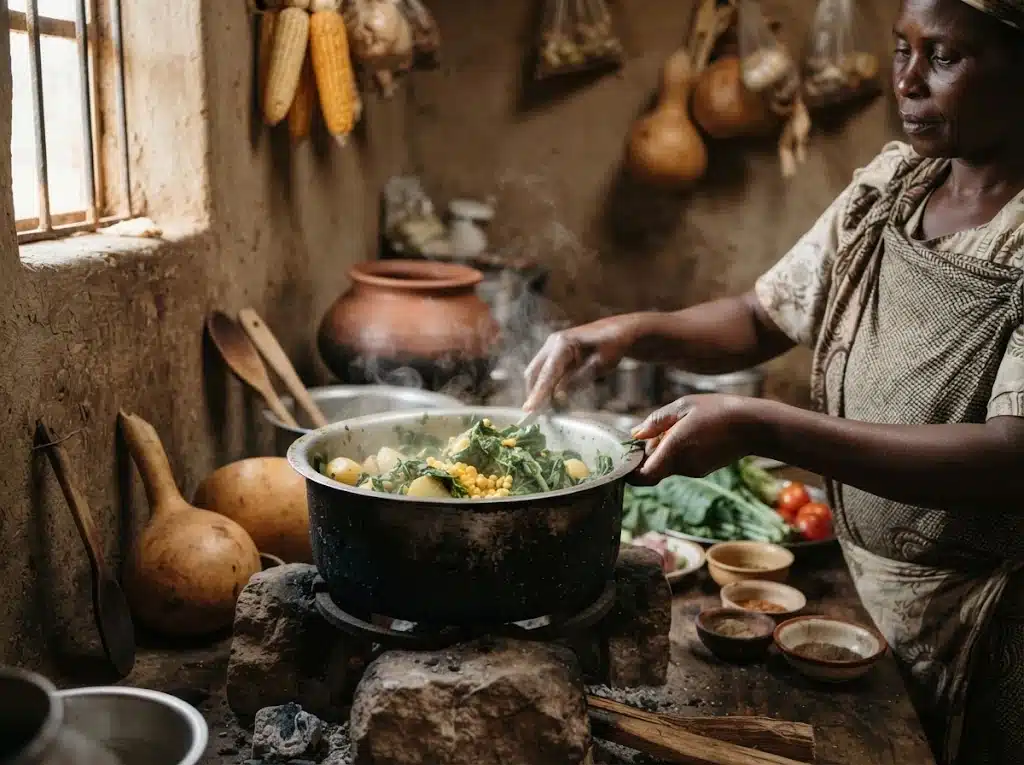 Cuisine familiale kenyane autour de la préparation traditionnelle du mukimo