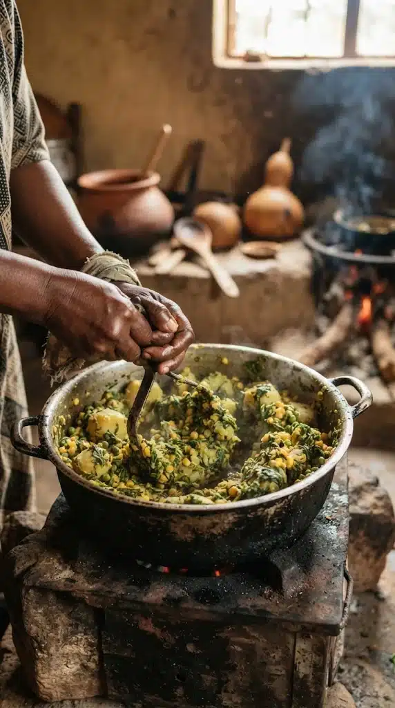 Écraser ensemble pommes de terre, maïs, pois et feuilles vertes pour le mukimo kenyan