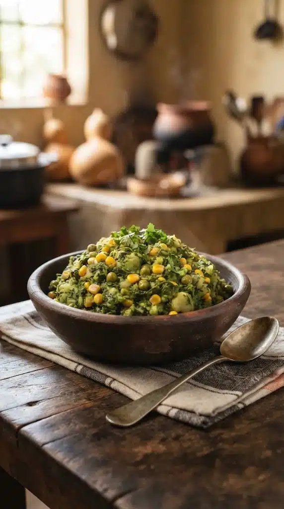 Mukimo kenyan, purée rustique de pommes de terre, maïs, pois et légumes verts