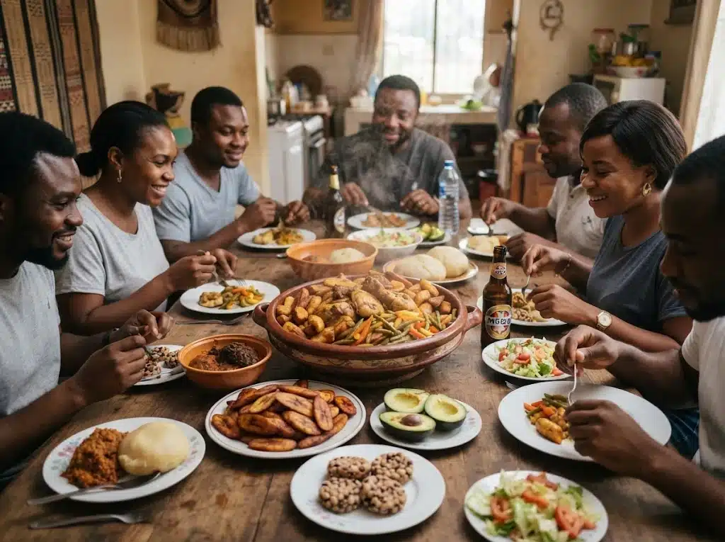 Table camerounaise conviviale autour d’un plat de poulet DG