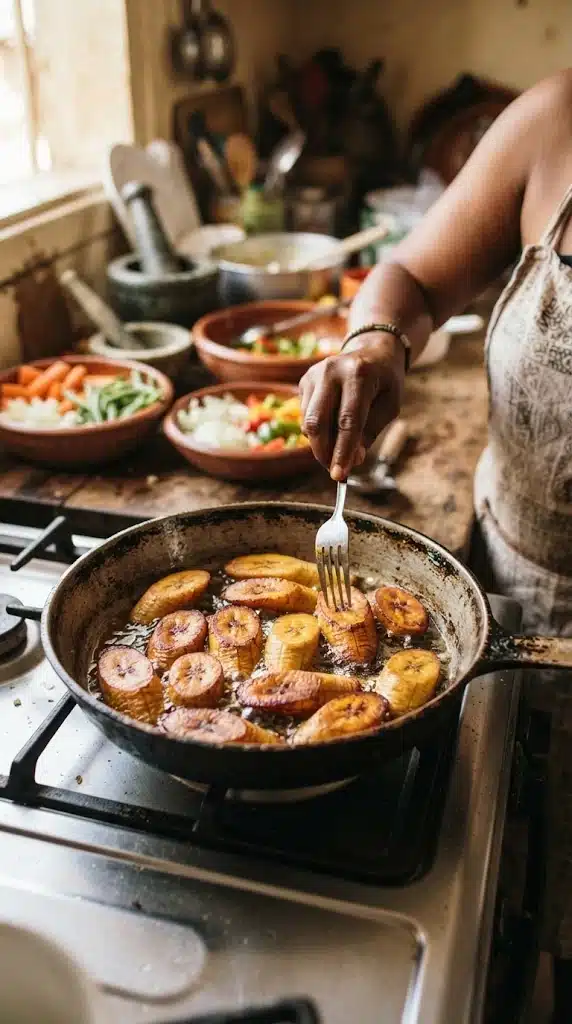 Faire dorer séparément les plantains mûrs avant de les incorporer au poulet DG camerounais