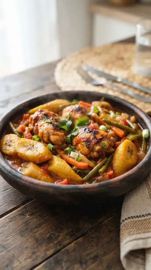 Poulet DG camerounais avec poulet doré, plantains mûrs frits et légumes