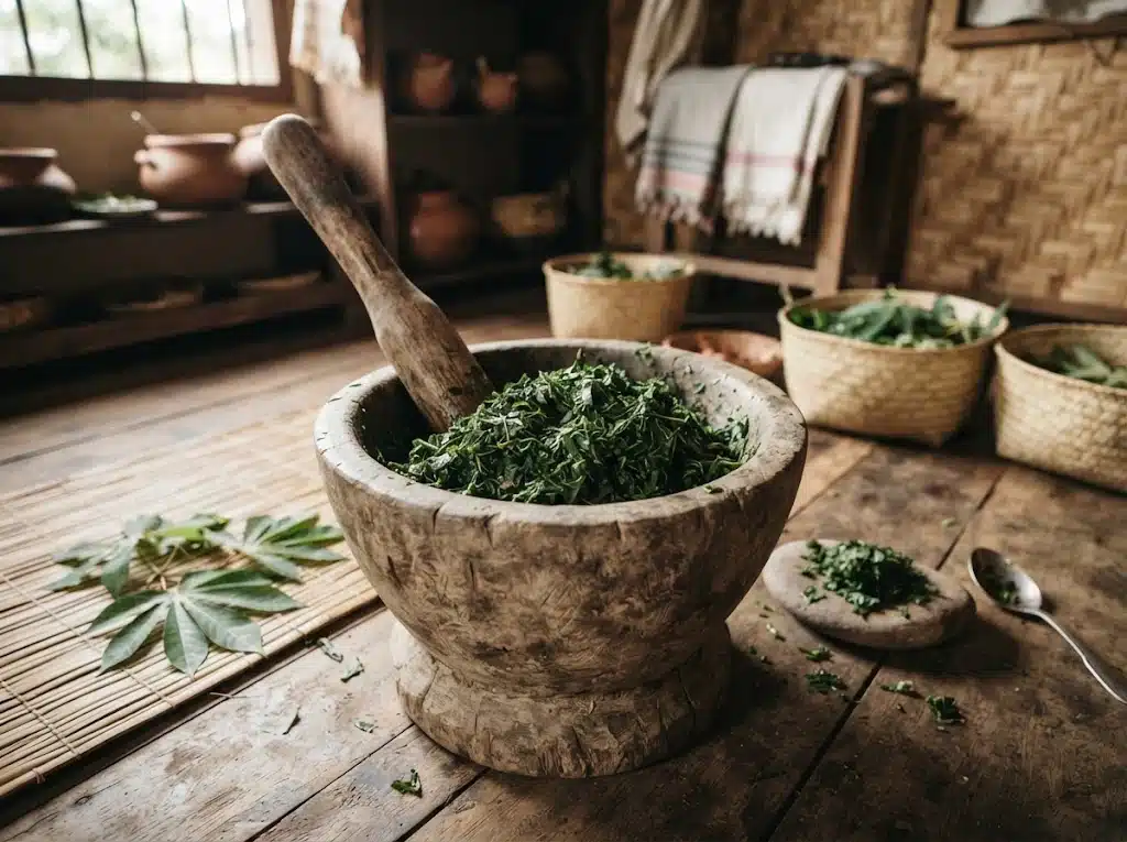 Mortier et préparation traditionnelle des feuilles de manioc à Madagascar