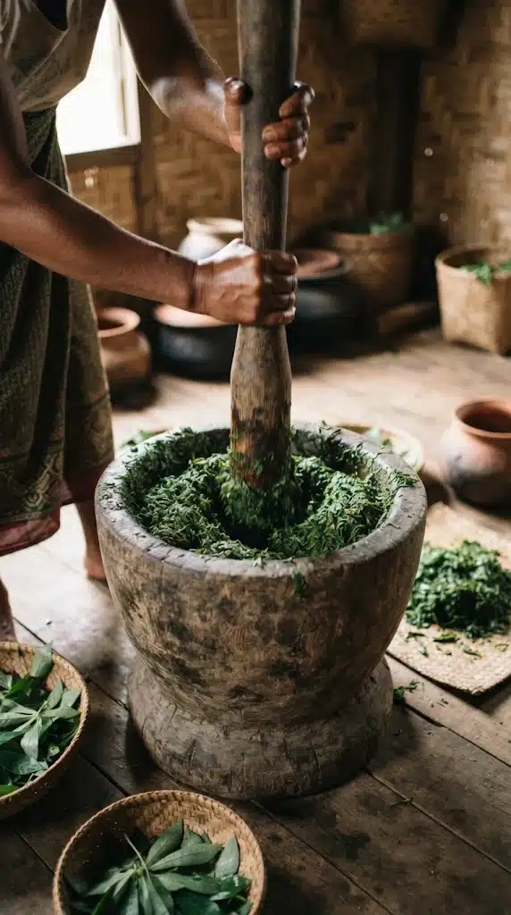 Piler ou broyer finement des feuilles de manioc alimentaires préparées pour le ravitoto malgache