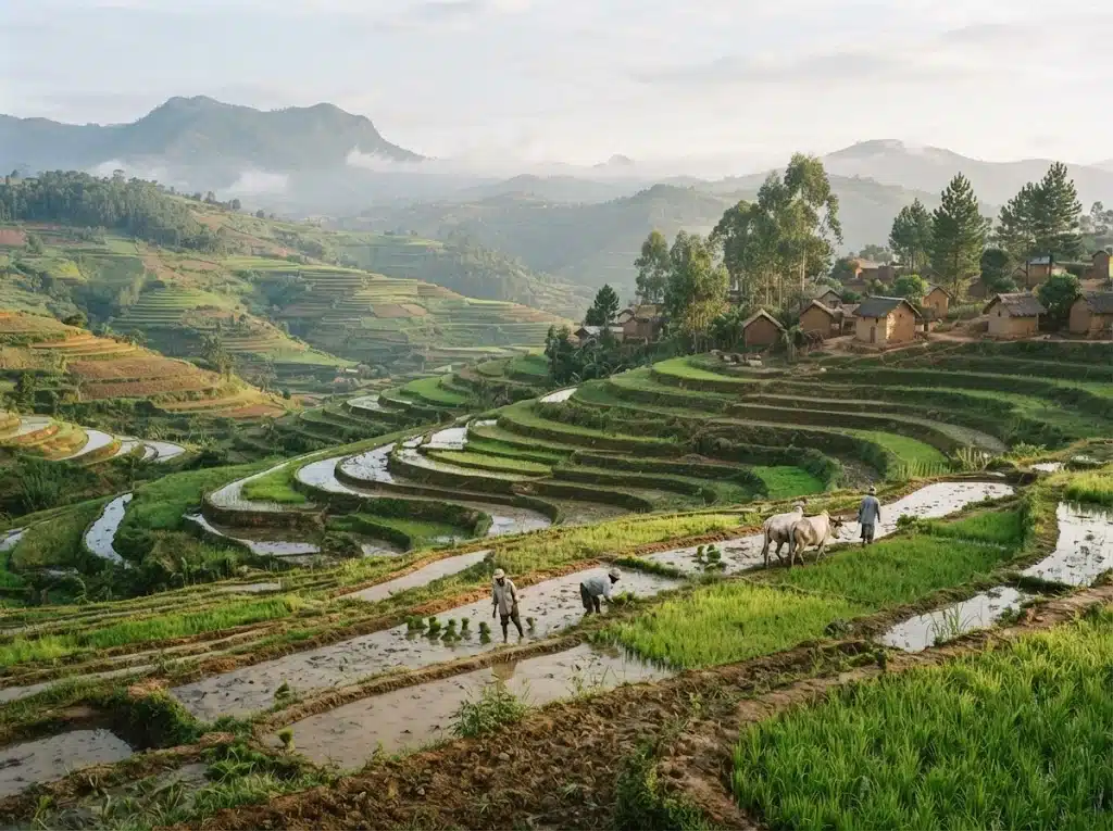 Paysage rizicole des Hautes Terres malgaches évoquant le vary amin’anana