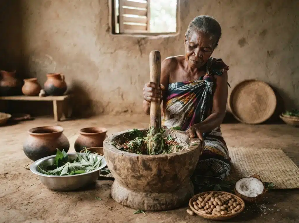 Mortier et préparation traditionnelle de la matapa dans une cuisine mozambicaine