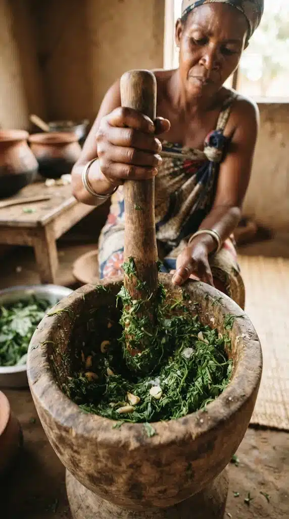 Piler finement les feuilles de manioc avec l’ail pour préparer la matapa mozambicaine