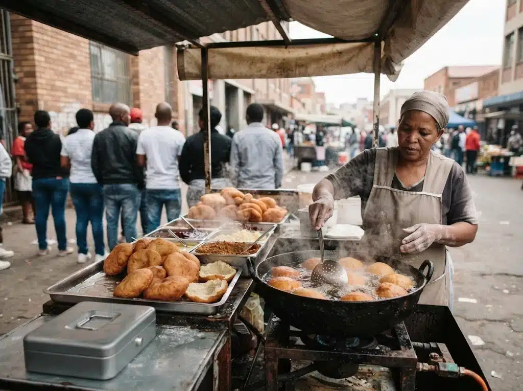 Stand de street food sud-africain proposant des vetkoek ou amagwinya