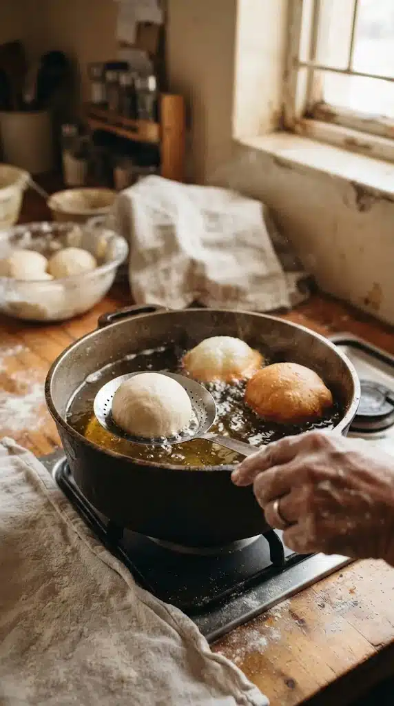 Plonger délicatement des portions de pâte levée dans l’huile chaude pour cuire les vetkoek