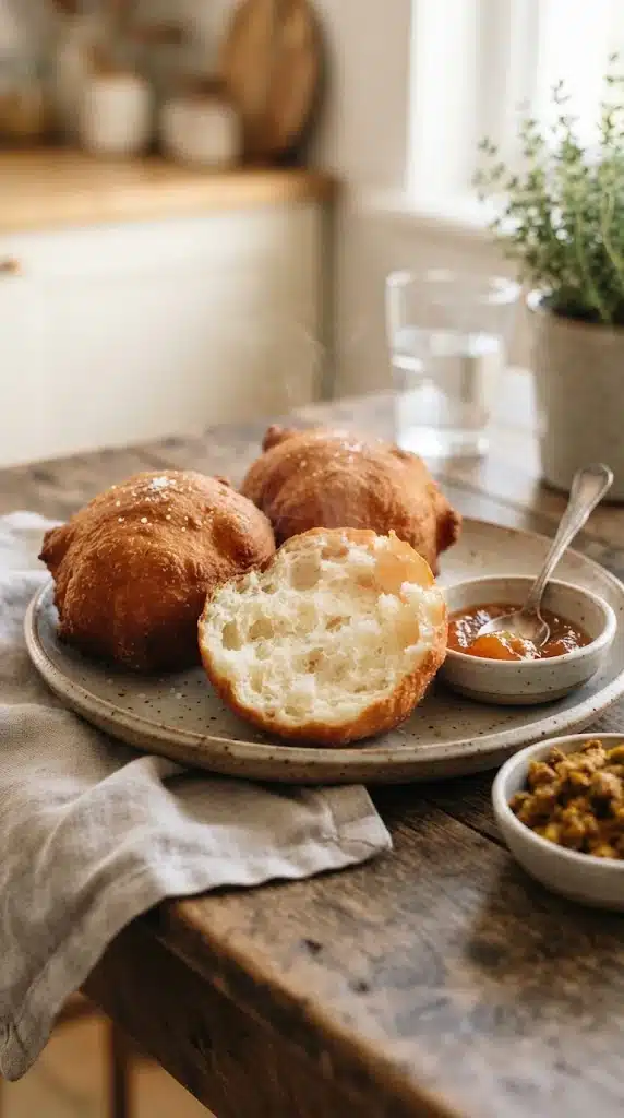 Vetkoek sud-africain doré, ouvert pour montrer sa mie moelleuse