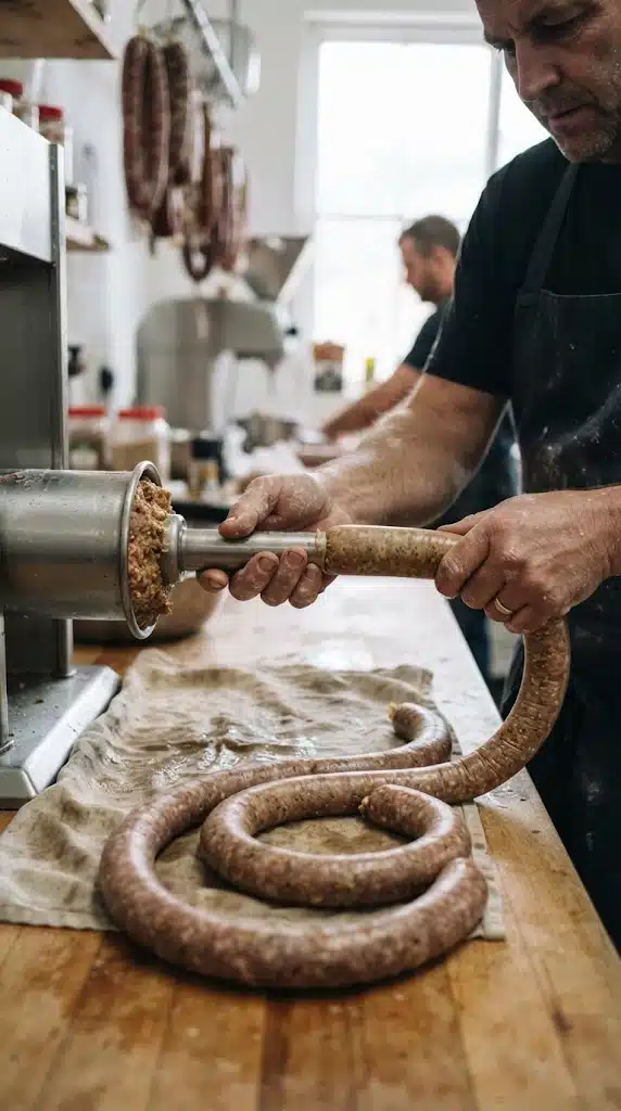 Embosser la farce épicée dans un boyau pour former une longue boerewors en spirale