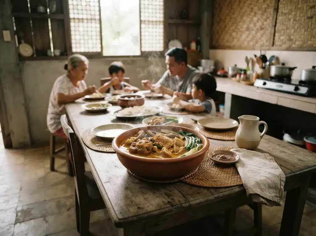 Cadre culinaire philippin évoquant l’origine et le service familial du kare-kare