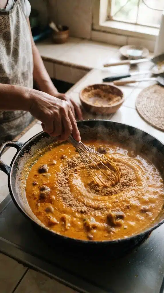Incorporer cacahuètes et riz grillé moulu dans le bouillon du kare-kare pour épaissir la sauce