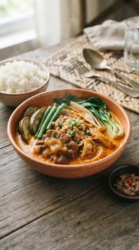 Kare-kare philippin à la queue de bœuf, légumes et sauce aux cacahuètes