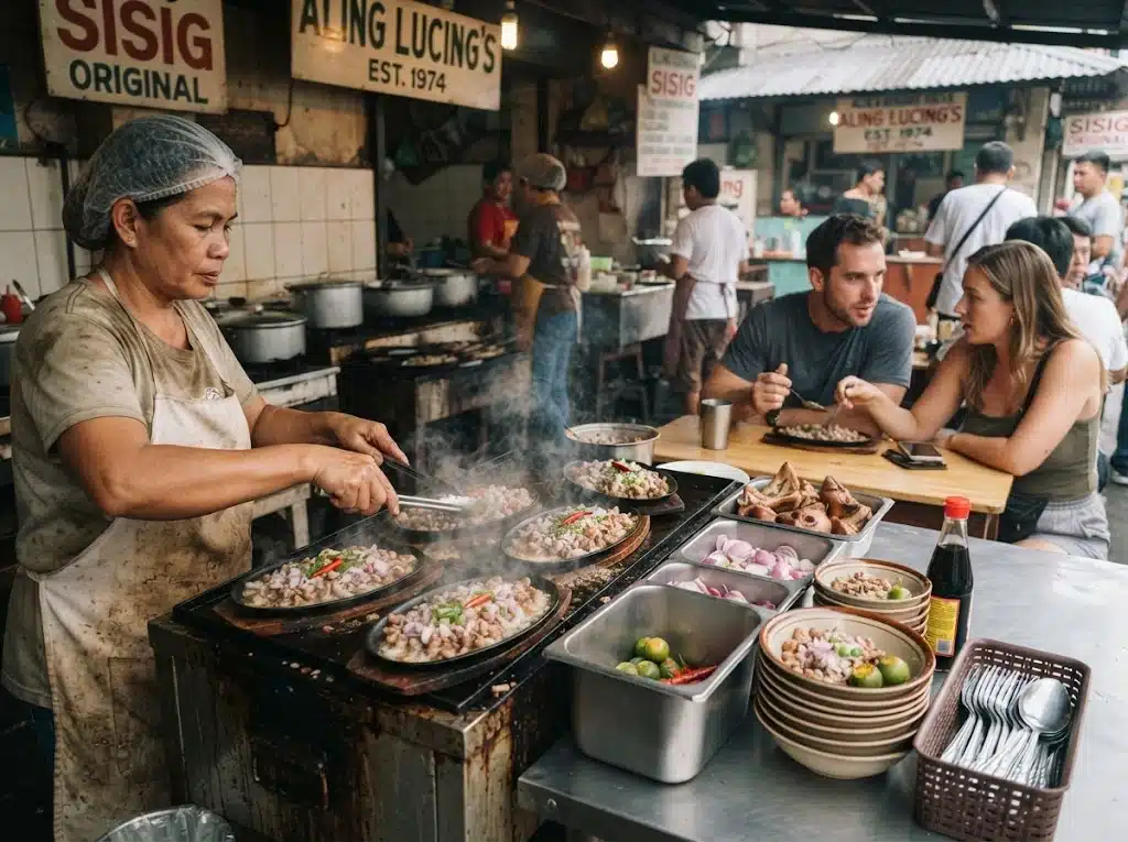 Étal ou comptoir philippin servant du sisig chaud à Pampanga
