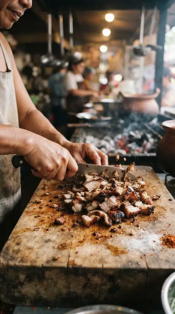 Hacher finement le porc grillé avant de l’assaisonner pour le sisig philippin