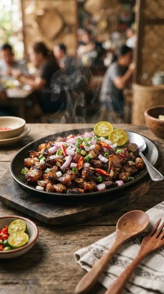 Sisig philippin de porc haché servi sur une plaque grésillante