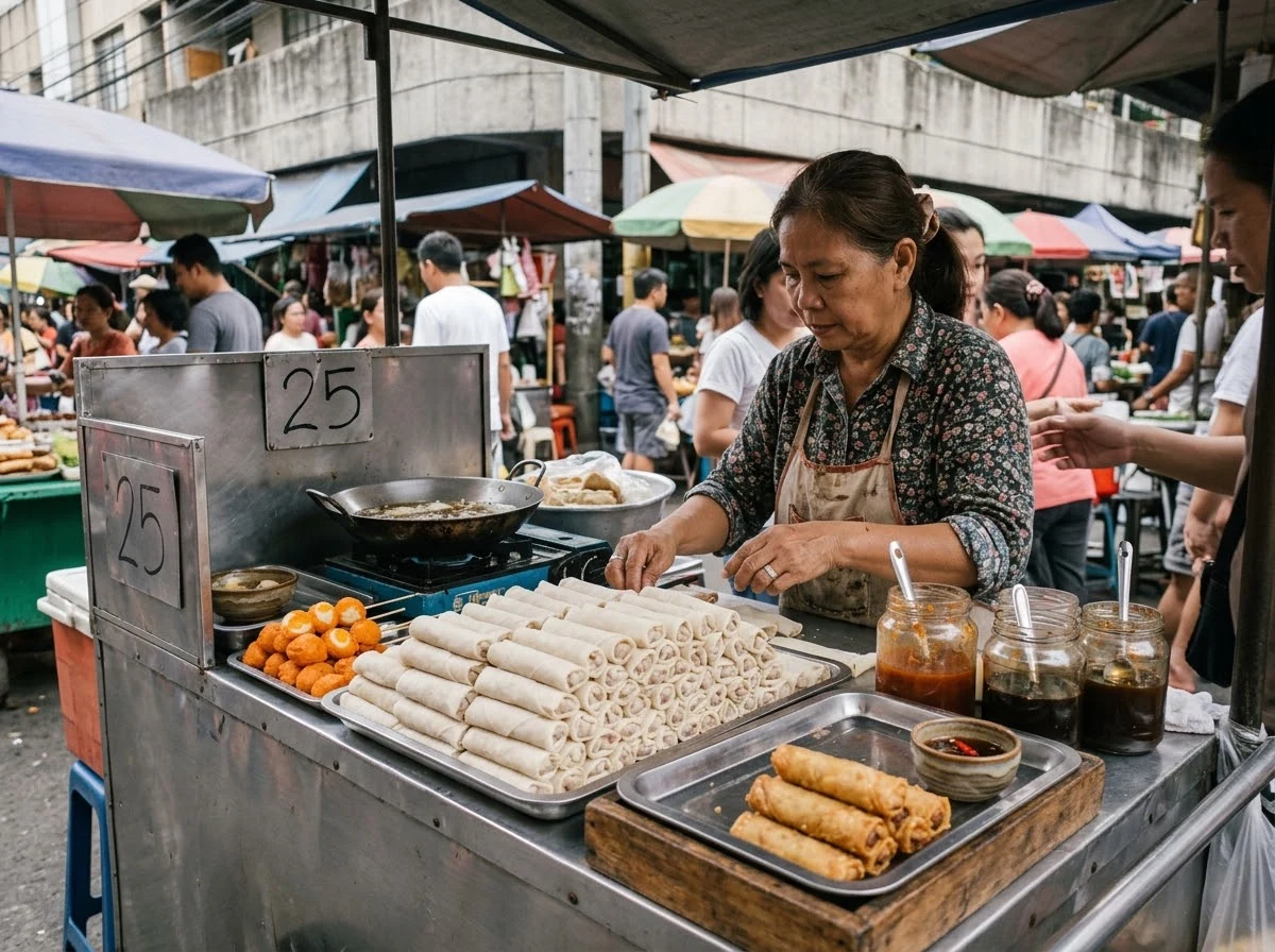 Étal philippin proposant des lumpiang Shanghai et autres préparations de street food