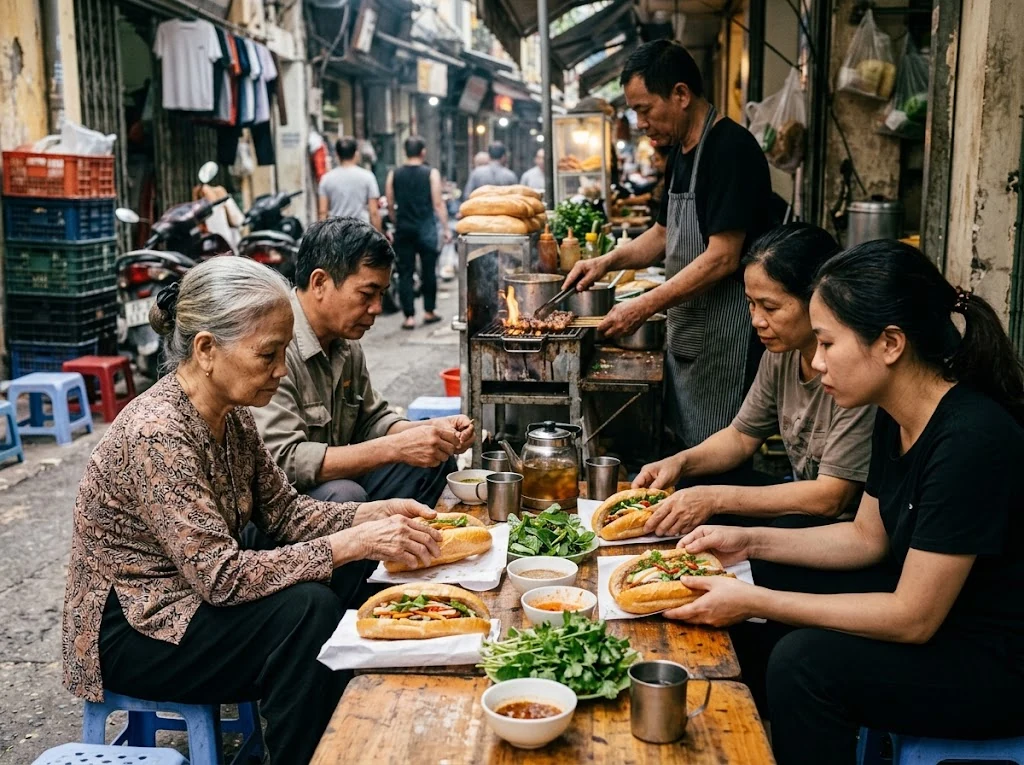Scène de restauration vietnamienne autour de bánh mì fraîchement préparés