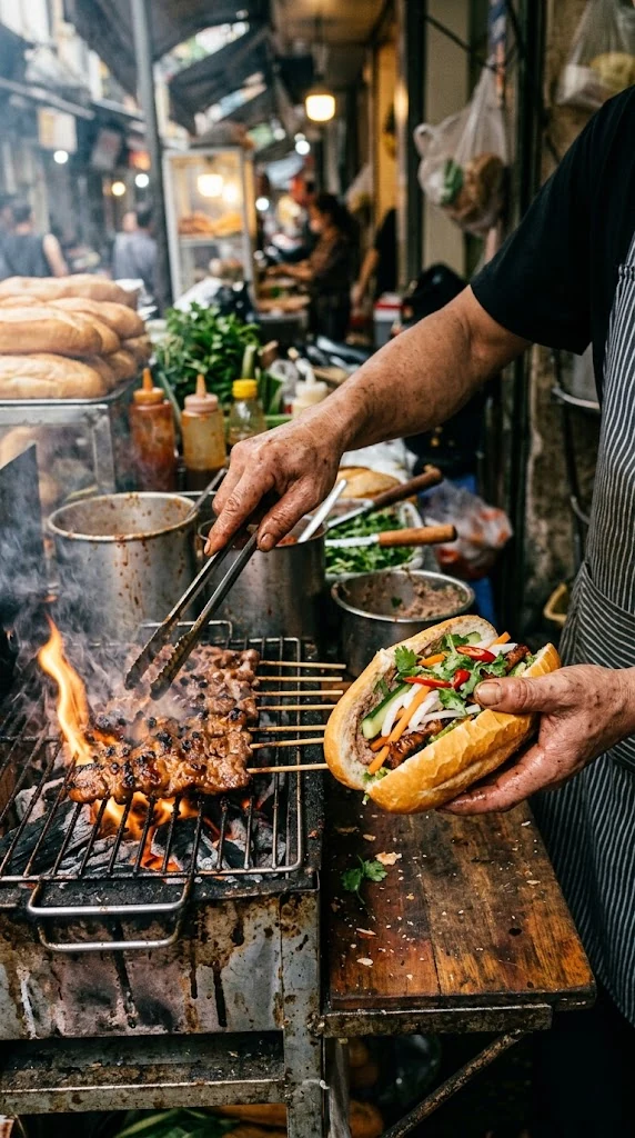 Grillade du porc mariné sur feu vif puis assemblage du sandwich pour Bánh Mì Thịt Nướng Vietnamien