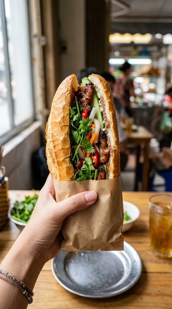 Bánh mì thịt nướng vietnamien garni de porc grillé, pickles et coriandre