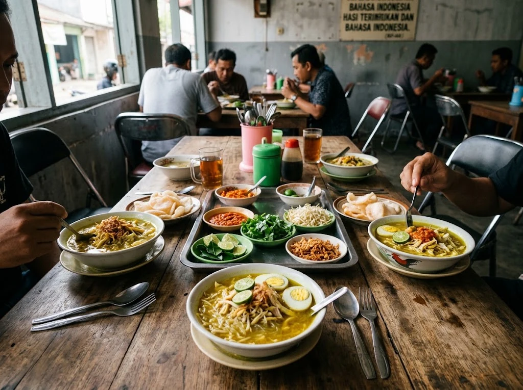 Service traditionnel du soto ayam en Indonésie