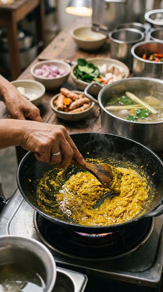 Préparation de la pâte d’épices pour le soto ayam indonésien