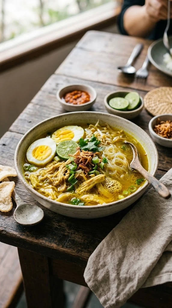 Soto ayam indonésien, soupe de poulet au curcuma et garnitures