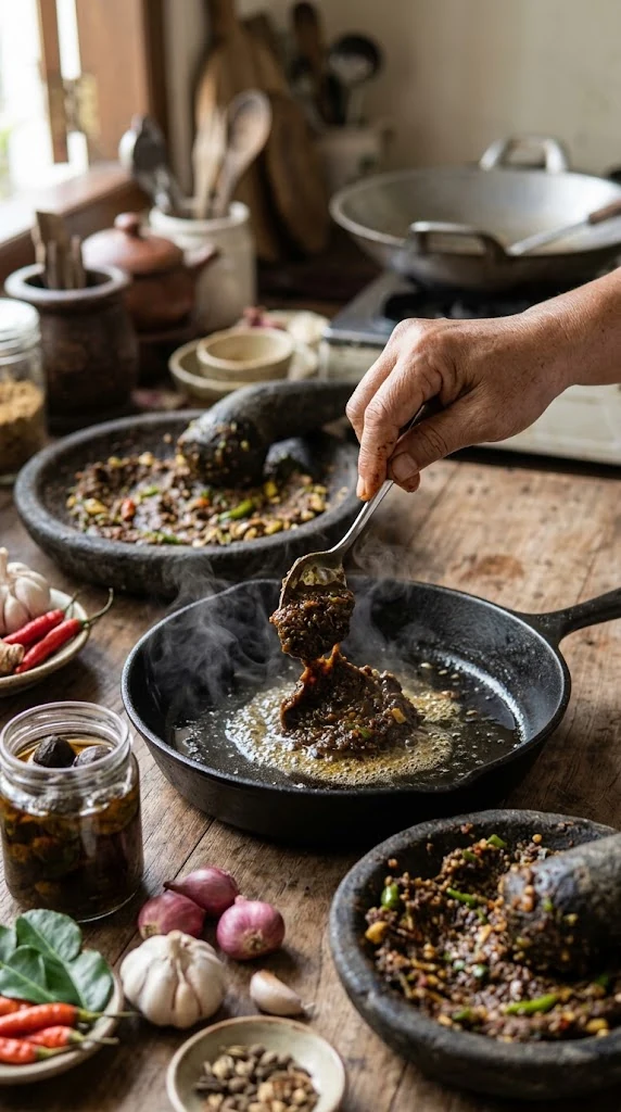 Incorporation de la pâte de keluak au bouillon de rawon