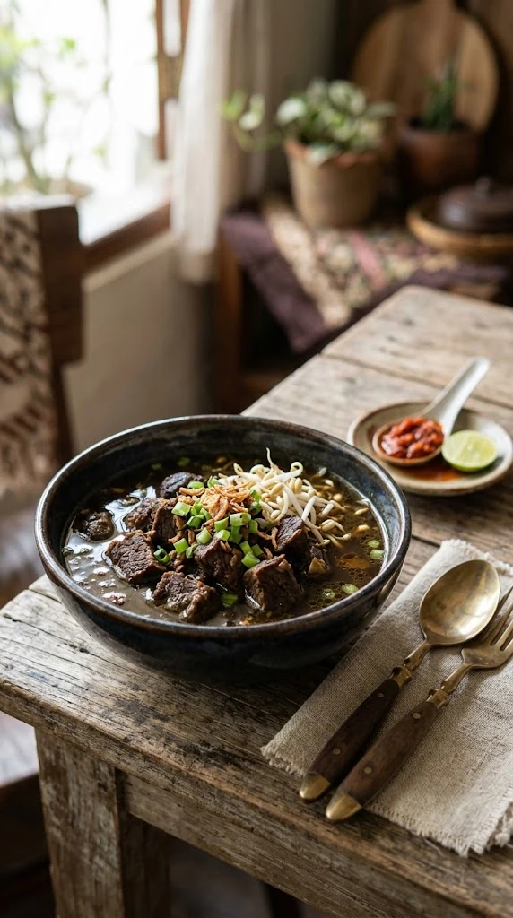 Rawon indonésien, soupe sombre de bœuf au keluak