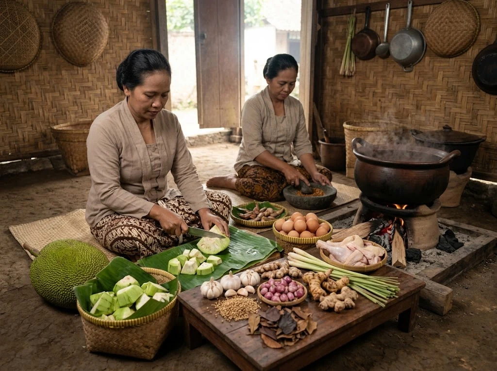 Service du gudeg dans une cuisine de Yogyakarta