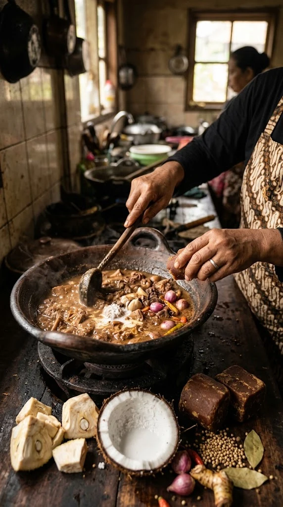 Cuisson lente du jeune jacquier dans la sauce du gudeg