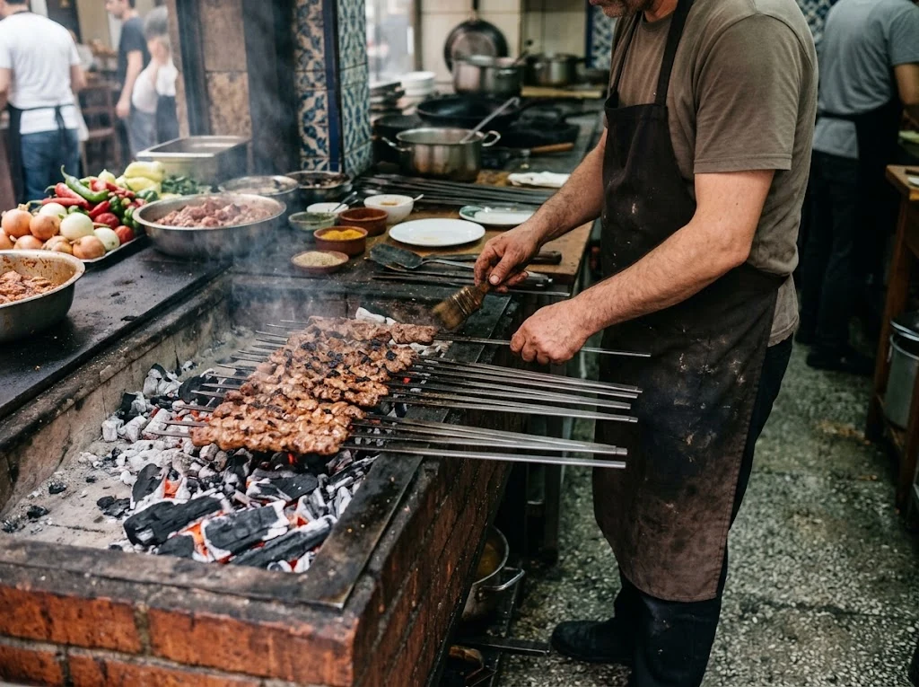 Cuisson de brochettes de şiş kebab sur un gril turc