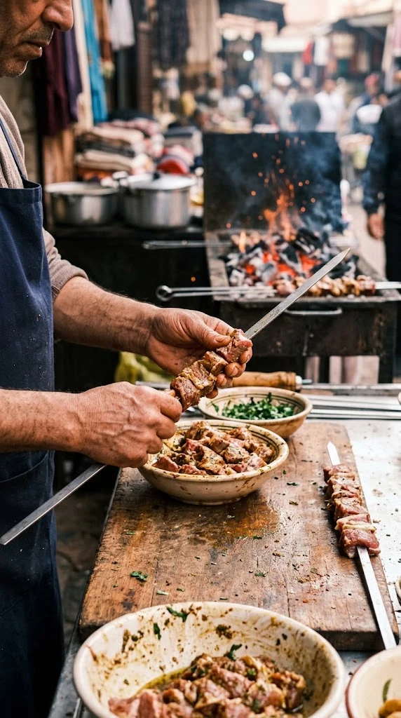 Enfiler les morceaux de viande marinée sur des brochettes pour le şiş kebab