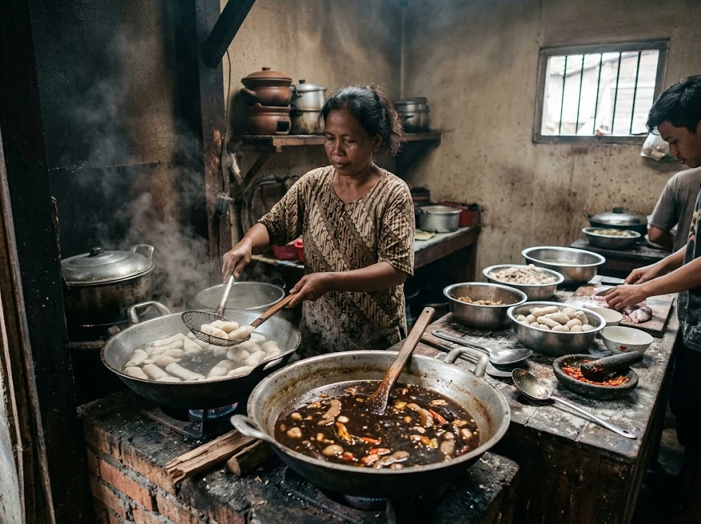 Préparation et service de pempek à Palembang
