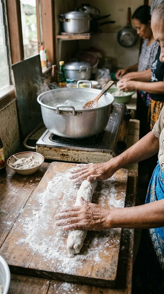 Façonnage de la pâte de poisson et tapioca pour le pempek