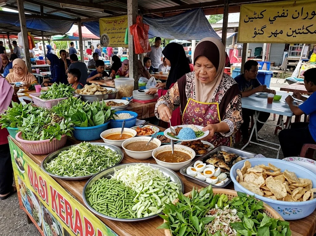 Service traditionnel du nasi kerabu au Kelantan