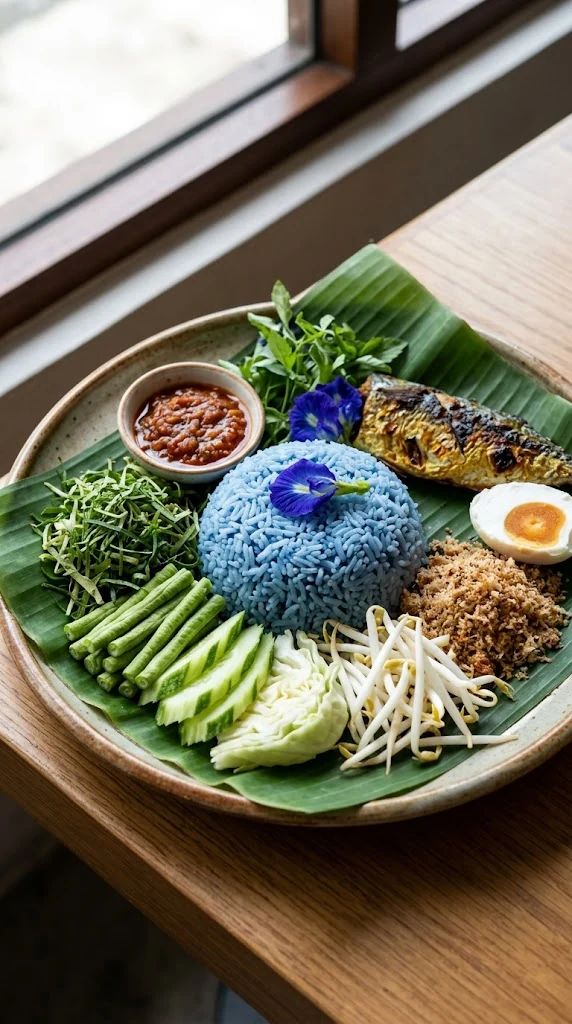 Nasi kerabu malaisien, riz aux herbes et accompagnements