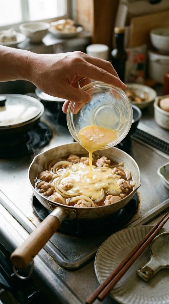Verser les œufs battus sur le poulet mijoté pour préparer l’oyakodon