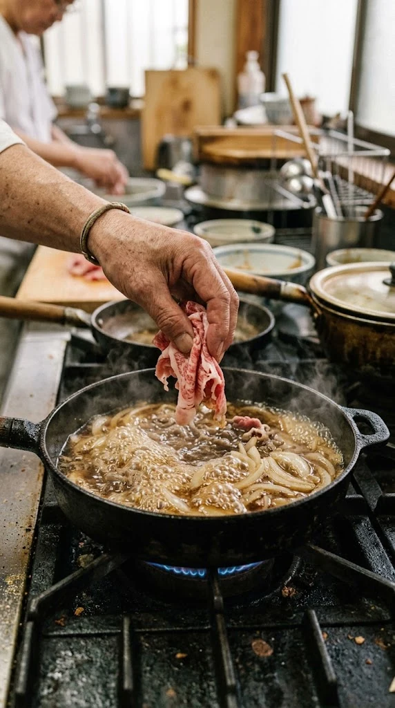 Mijoter de fines tranches de bœuf et de l’oignon dans le bouillon du gyudon
