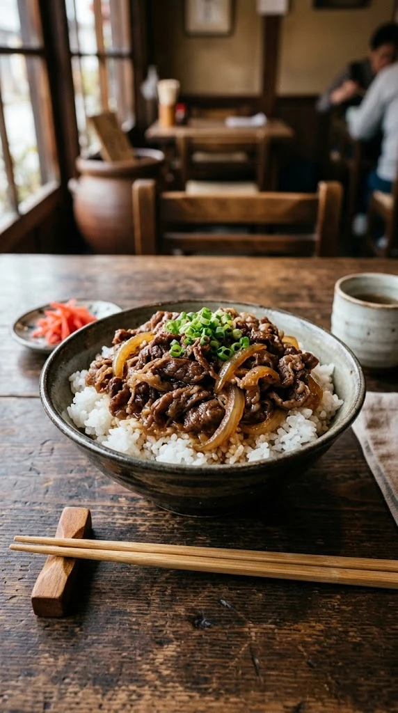 Gyudon japonais, bol de riz au bœuf et à l’oignon
