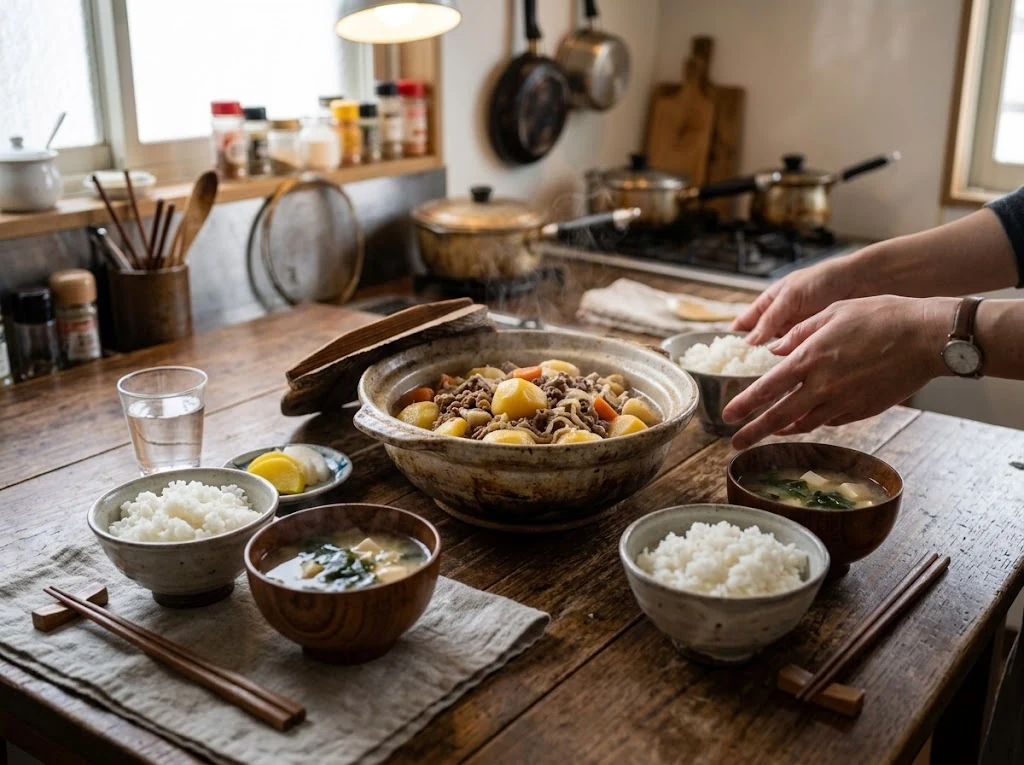 Table familiale japonaise avec un plat de nikujaga
