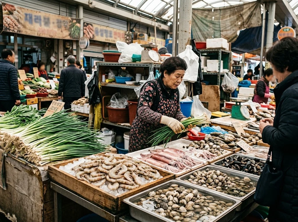 Étal de marché coréen présentant ciboules fraîches, crevettes, calamar et coquillages, scène documentaire réaliste.