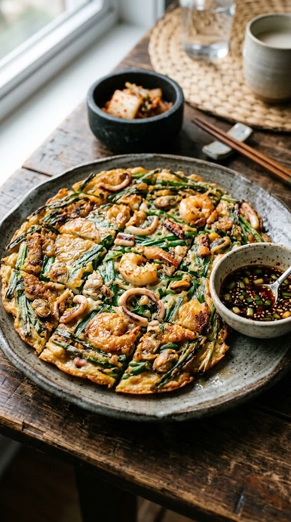 Haemul pajeon coréen large et doré, ciboules entières et fruits de mer visibles, découpé en carrés