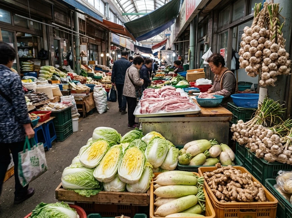 Marché coréen avec chou napa, radis coréens, ail, gingembre et poitrine de porc présentés comme ingrédients du bossam, ambiance réelle.